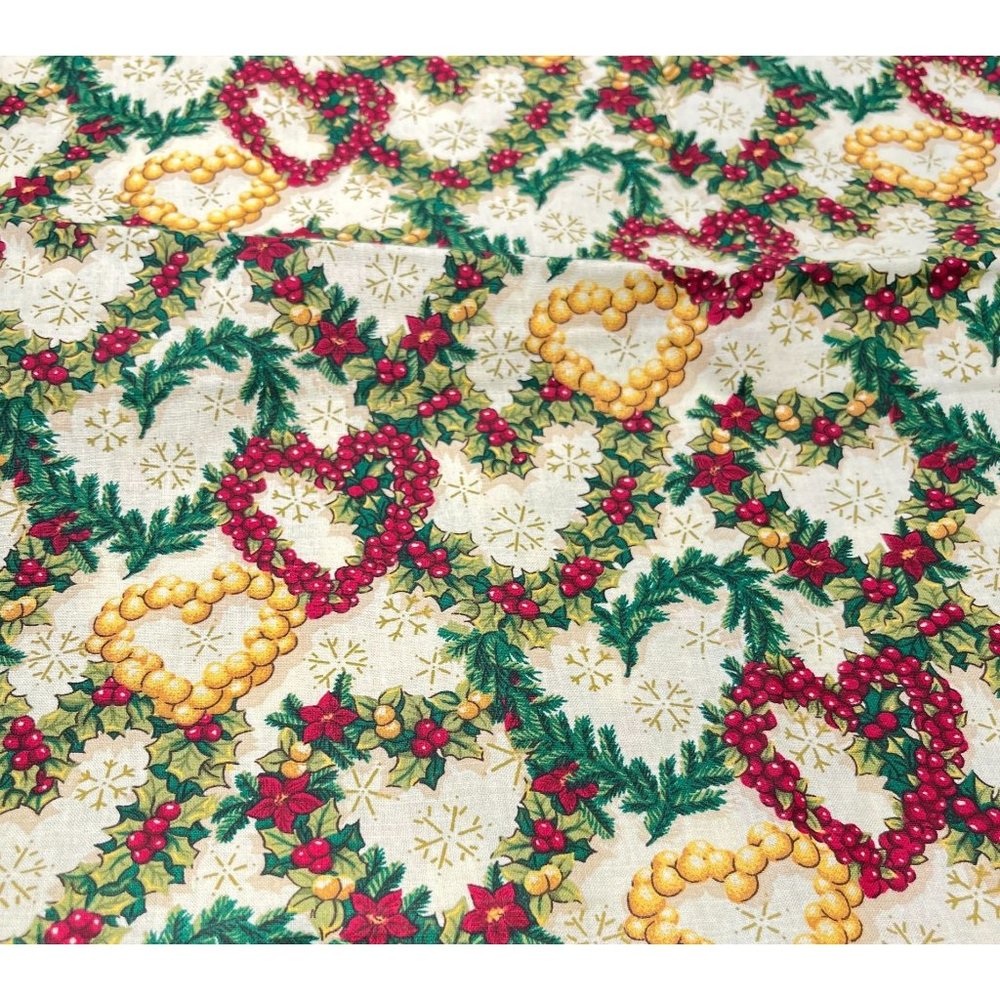 Christmas Heart Wreath Fabric Remnant with Poinsettia Accents Quilting Crafting